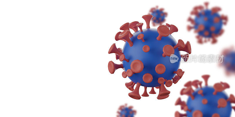 3D渲染红色病毒框架留下一个地方，以复制空间，DNA背景和RNA病毒，冠状病毒，Covid - 19-NCP文本。冠状病毒nCoV在红色背景下分离。3 d演示。